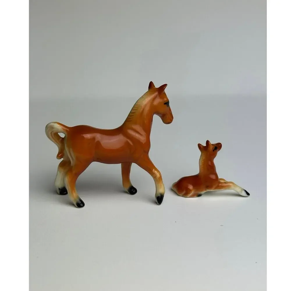 Vintage set miniature horses bone china chestnut brown figurines 1” and 2” flaw
